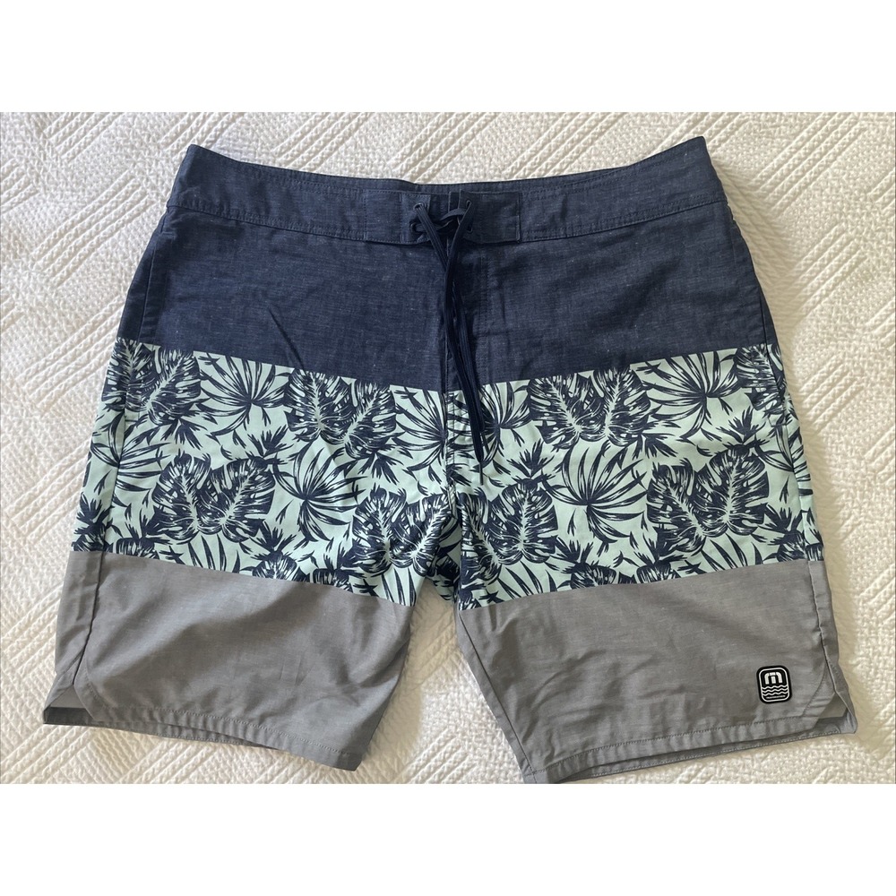 TravisMathew Mens Board Shorts Blue Grey Tropical Palm Print Swim Trunks Size 38